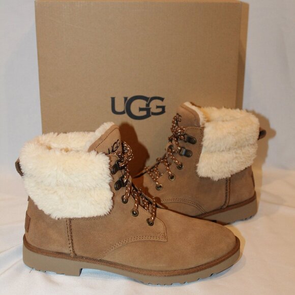 NIB UGG WOMEN'S ROMELY HERITAGE SUEDE SHEARLING LINED LACE UP ANKLE‎ BOOTS - Picture 1 of 8